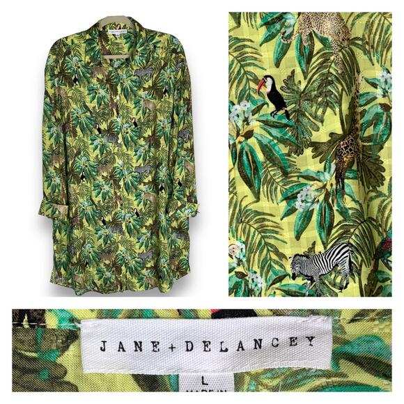 Jane + Delancey Safari Shirt Dress Jungle Animal Print Button Size Large - Picture 1 of 13